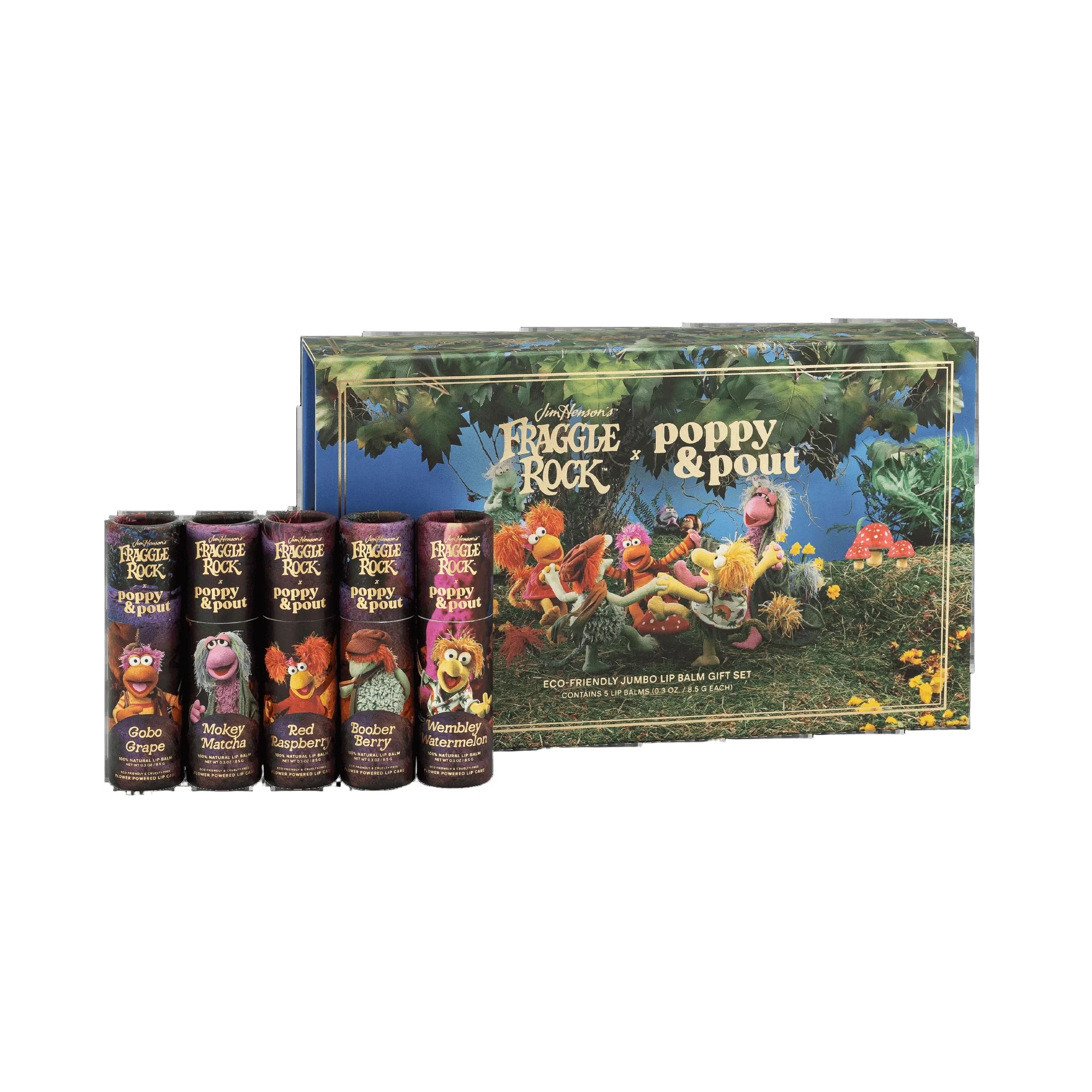 Fraggle Rock x Poppy & Pout Lip Balm Gift Set with 5 flavors – Gobo Grape, Mokey Matcha, Boober Berry – Funky Confetti
